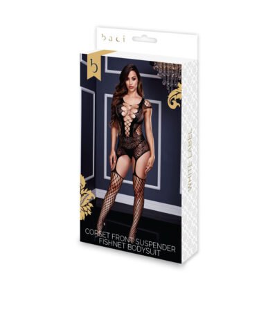 Baci Lingerie Corset Front Suspender Fishnet Bodysuit One Size BW3125